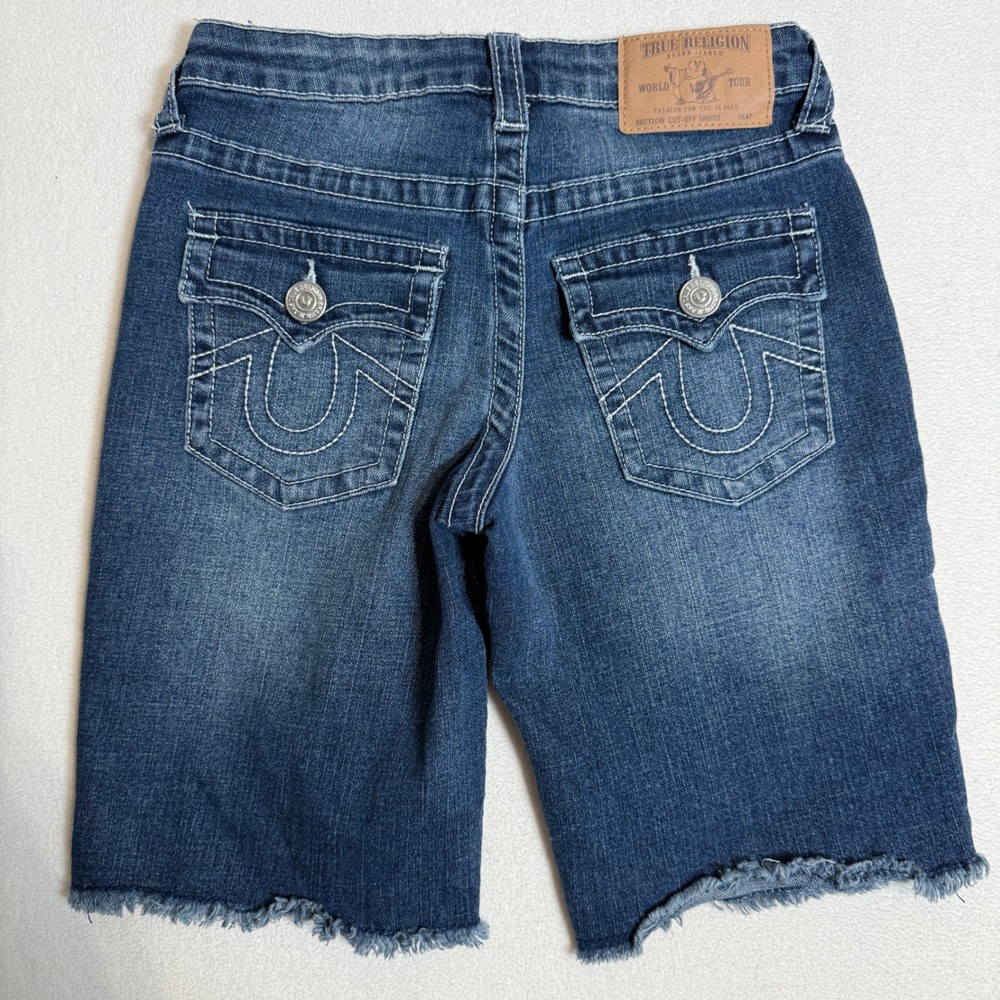 True Religion Denim Shorts Frayed Hem‎ White Stitching Dark Wash Size 8